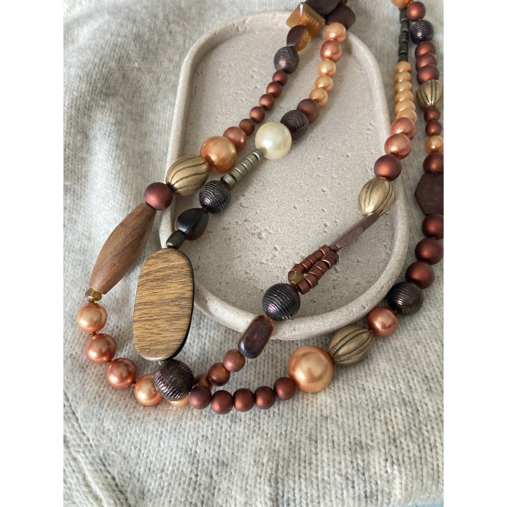 Multi Strand Boho Beaded Necklace Earthy Copper & Bronze Tones Wood Statement